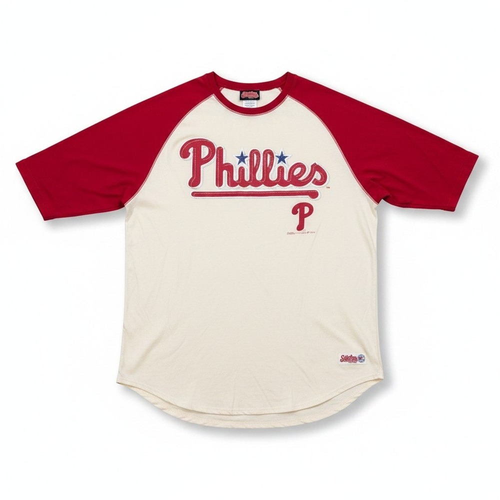 Stitches Philadelphia Phillies L Cream Red Raglan Baseball Tee Vintage Casual
